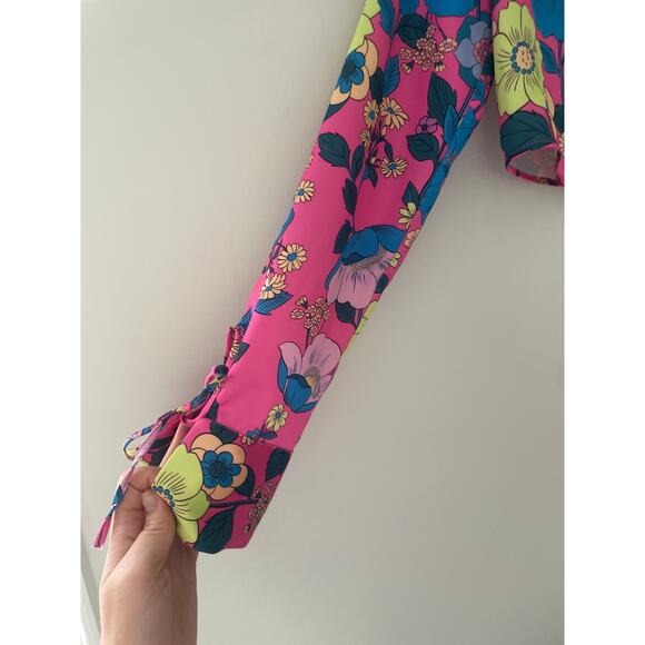 Zara Satin Floral Crop Top XS Flyaway Tie Front Bell Sleeve Pink - Picture 6 of 11